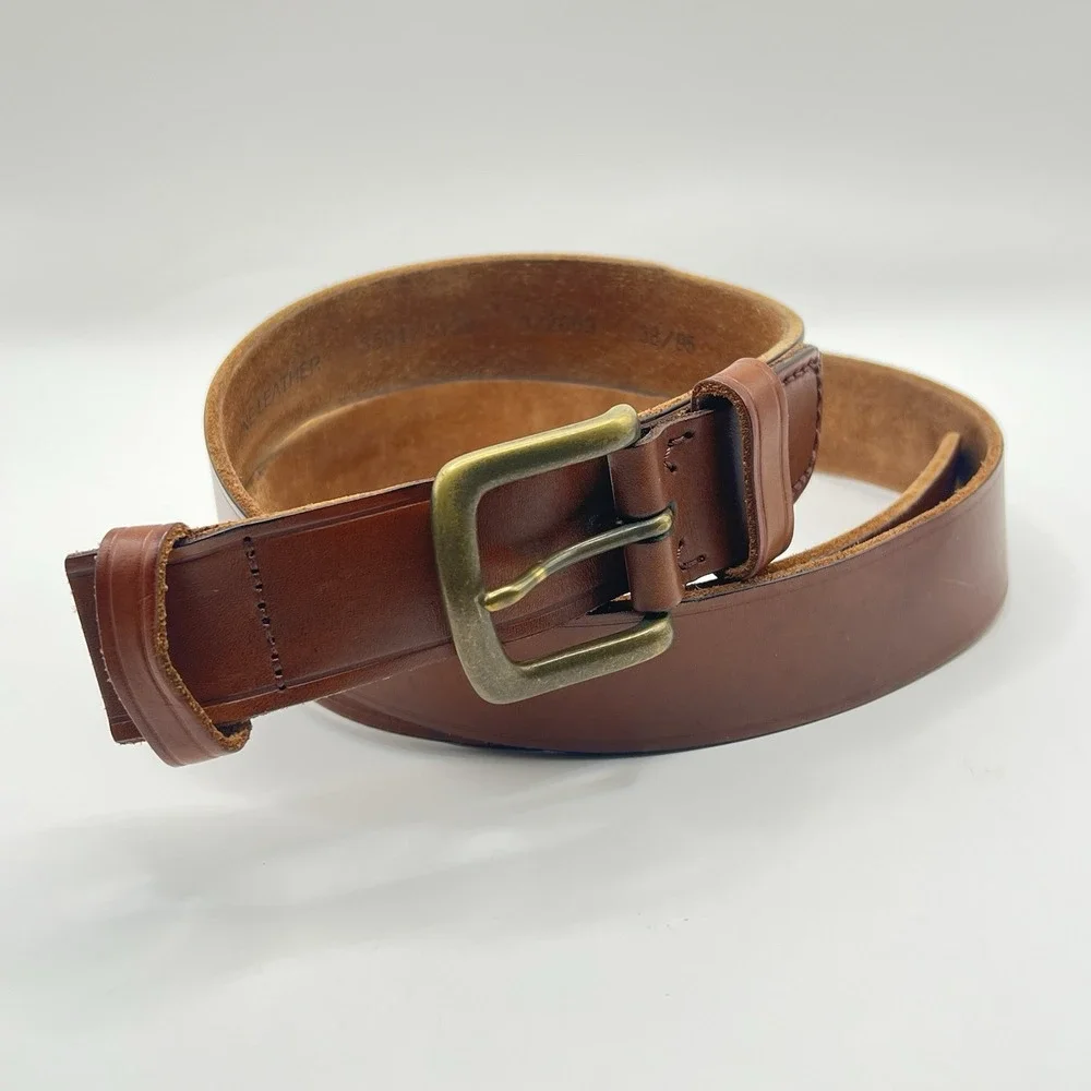 Leather Unisex Adult Belt Size 38 Cognac Brown Solid Brass‎ Buckle Unique